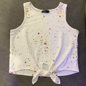 girls white chic 2 chic tank top with foil metallic stars and bottom knot-tie